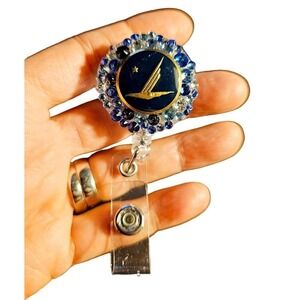 Handmade. Alaska Airlines Vintage Button ID holder. Swarovski Element. OneOfKind